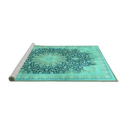 Sideview of Machine Washable Medallion Turquoise Traditional Area Rugs, wshtr3177turq