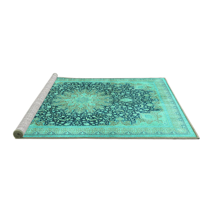 Sideview of Machine Washable Medallion Turquoise Traditional Area Rugs, wshtr3177turq