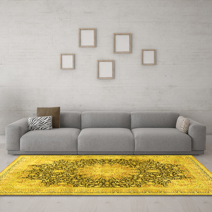 Machine Washable Medallion Yellow Traditional Rug in a Living Room, wshtr3177yw