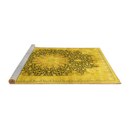 Sideview of Machine Washable Medallion Yellow Traditional Rug, wshtr3177yw