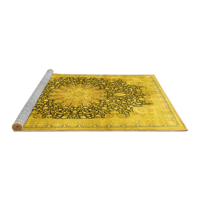 Sideview of Machine Washable Medallion Yellow Traditional Rug, wshtr3177yw