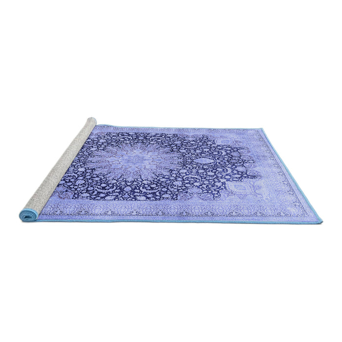 Sideview of Machine Washable Medallion Blue Traditional Rug, wshtr3177blu