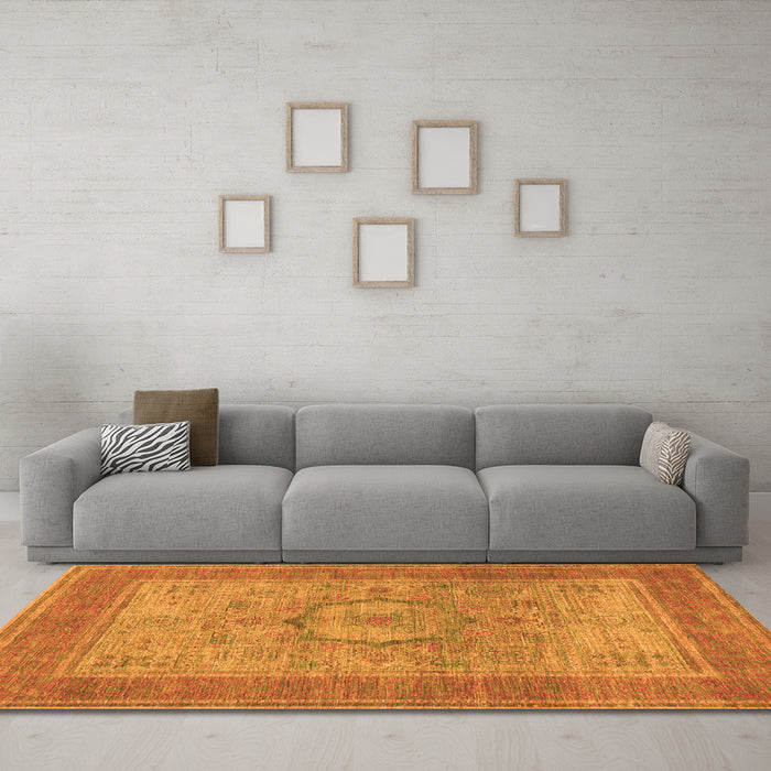 Machine Washable Medallion Orange Traditional Area Rugs in a Living Room, wshtr3178org