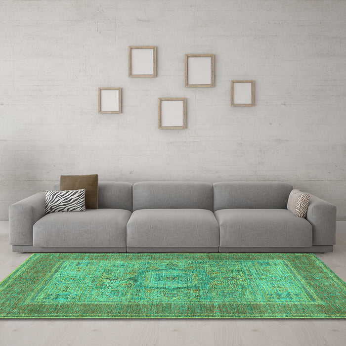 Machine Washable Medallion Turquoise Traditional Area Rugs in a Living Room,, wshtr3178turq