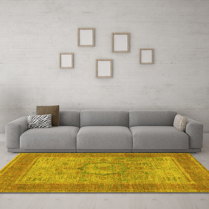 Machine Washable Medallion Yellow Traditional Rug in a Living Room, wshtr3178yw
