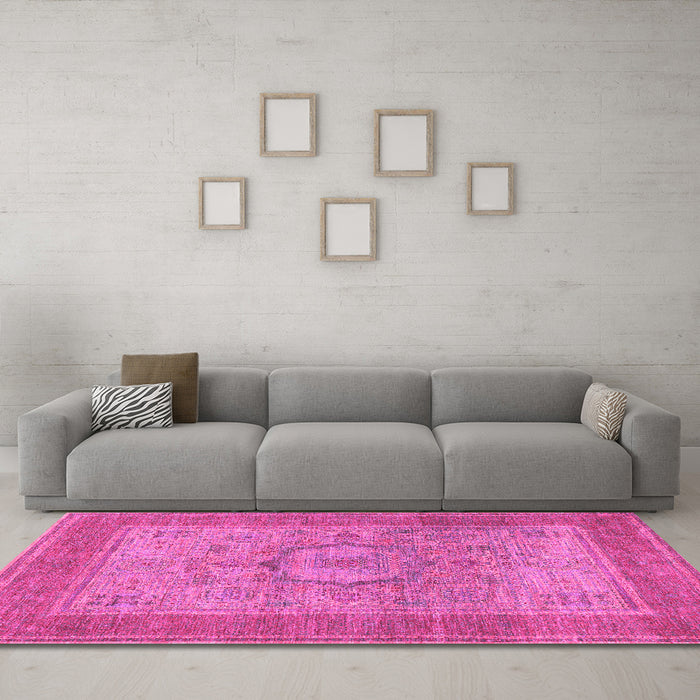 Machine Washable Medallion Pink Traditional Rug in a Living Room, wshtr3178pnk
