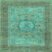 Square Machine Washable Medallion Light Blue Traditional Rug, wshtr3178lblu