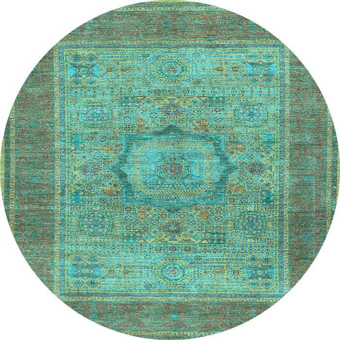 Round Machine Washable Medallion Light Blue Traditional Rug, wshtr3178lblu