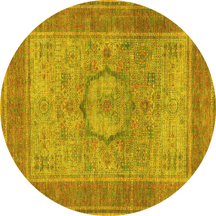 Round Machine Washable Medallion Yellow Traditional Rug, wshtr3178yw