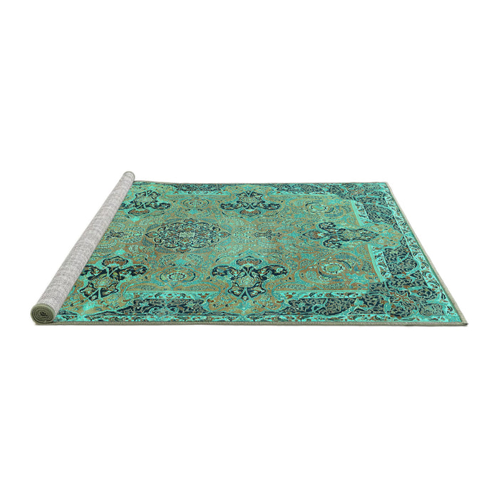 Sideview of Machine Washable Persian Turquoise Traditional Area Rugs, wshtr3179turq