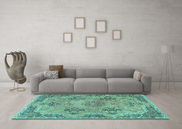 Machine Washable Persian Turquoise Traditional Area Rugs in a Living Room,, wshtr3179turq