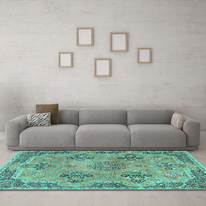 Machine Washable Persian Turquoise Traditional Area Rugs in a Living Room,, wshtr3179turq