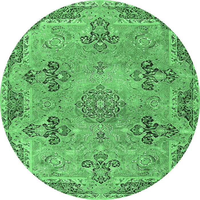 Round Machine Washable Persian Emerald Green Traditional Area Rugs, wshtr3179emgrn