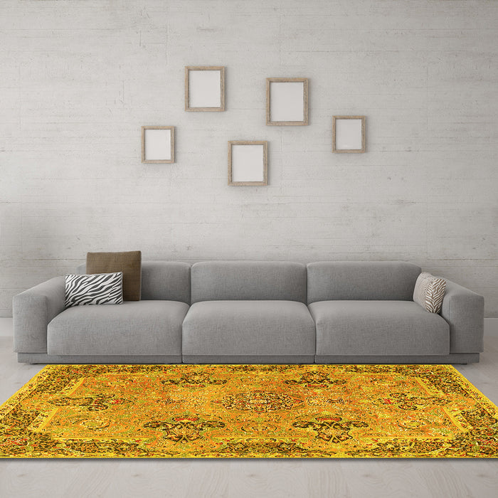 Machine Washable Persian Yellow Traditional Rug in a Living Room, wshtr3179yw