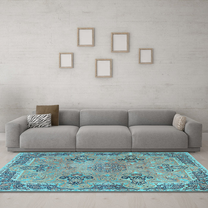 Machine Washable Persian Light Blue Traditional Rug in a Living Room, wshtr3179lblu
