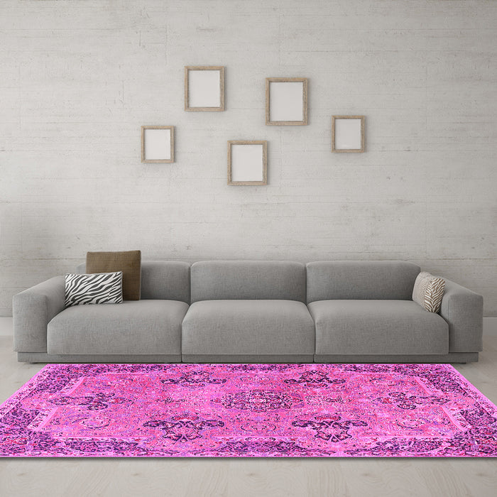 Machine Washable Persian Pink Traditional Rug in a Living Room, wshtr3179pnk