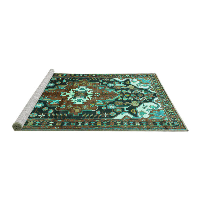 Sideview of Machine Washable Persian Turquoise Traditional Area Rugs, wshtr317turq