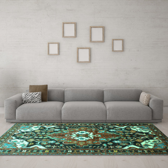 Machine Washable Persian Turquoise Traditional Area Rugs in a Living Room,, wshtr317turq