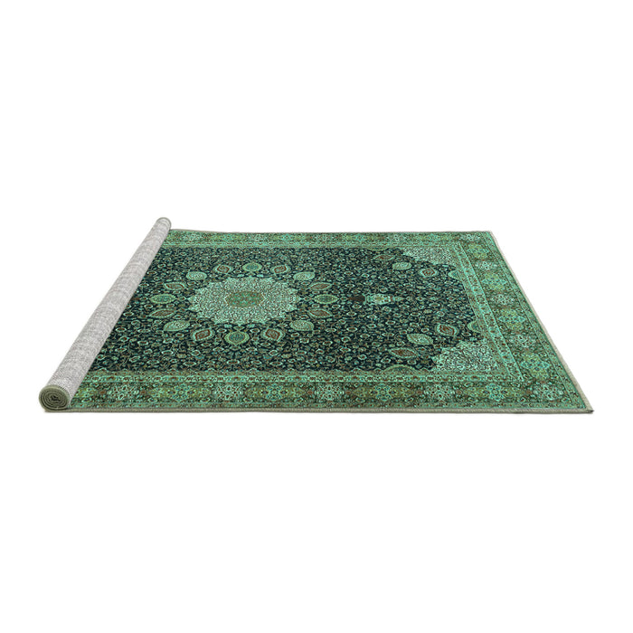 Sideview of Machine Washable Persian Turquoise Traditional Area Rugs, wshtr3180turq