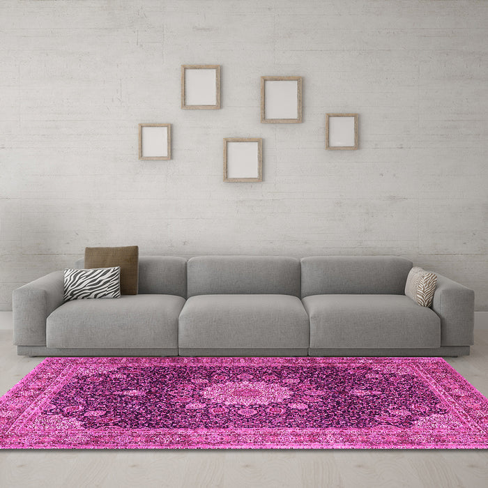 Machine Washable Persian Pink Traditional Rug in a Living Room, wshtr3180pnk