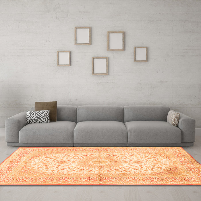 Machine Washable Medallion Orange Traditional Area Rugs in a Living Room, wshtr3181org
