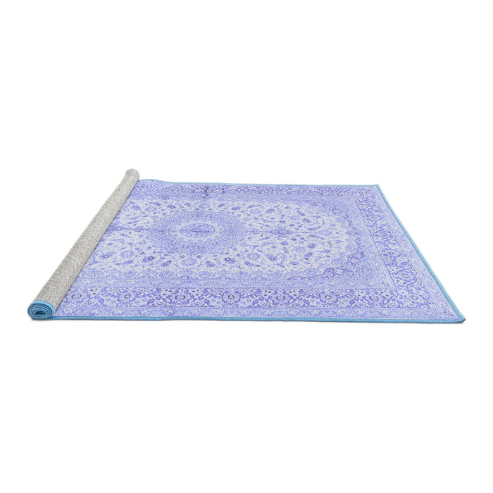 Sideview of Machine Washable Medallion Blue Traditional Rug, wshtr3181blu