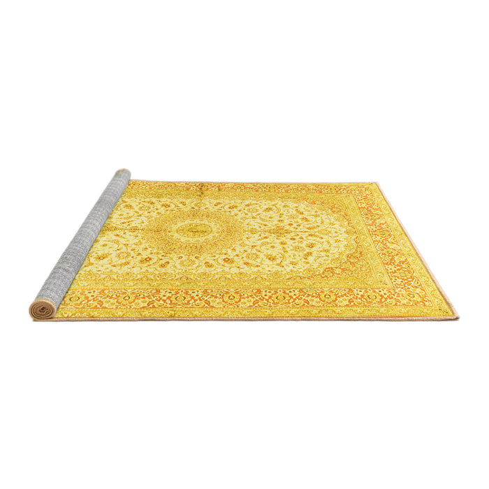 Sideview of Machine Washable Medallion Yellow Traditional Rug, wshtr3181yw