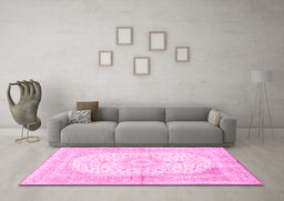 Machine Washable Medallion Pink Traditional Rug in a Living Room, wshtr3181pnk