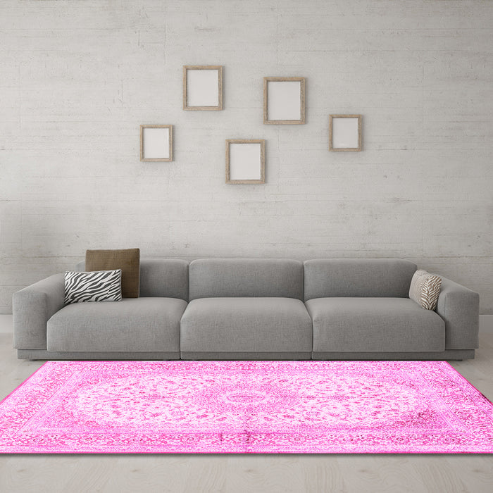 Machine Washable Medallion Pink Traditional Rug in a Living Room, wshtr3181pnk