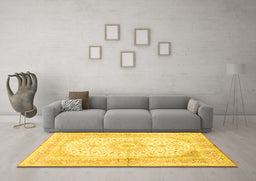 Machine Washable Medallion Yellow Traditional Rug in a Living Room, wshtr3181yw