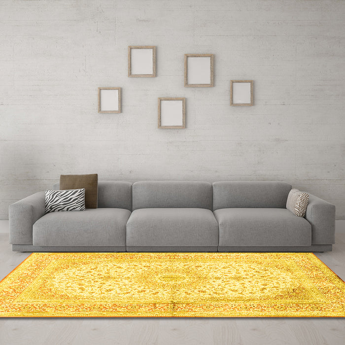 Machine Washable Medallion Yellow Traditional Rug in a Living Room, wshtr3181yw