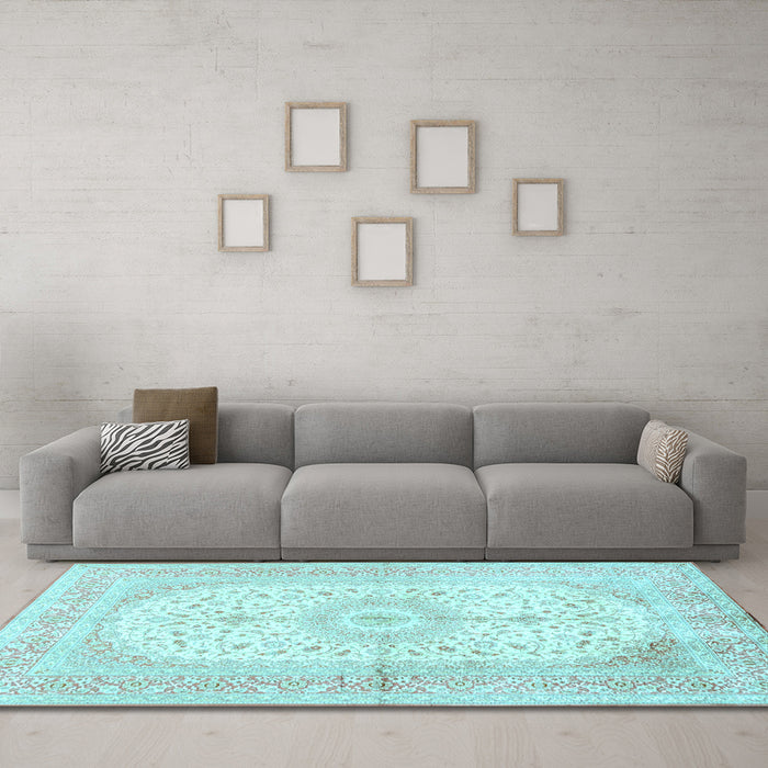 Machine Washable Medallion Light Blue Traditional Rug in a Living Room, wshtr3181lblu