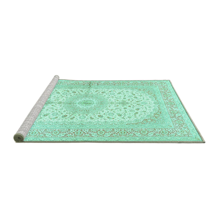 Sideview of Machine Washable Medallion Turquoise Traditional Area Rugs, wshtr3181turq