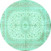 Round Machine Washable Medallion Turquoise Traditional Area Rugs, wshtr3181turq