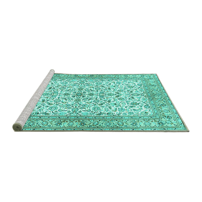 Sideview of Machine Washable Persian Turquoise Traditional Area Rugs, wshtr3182turq