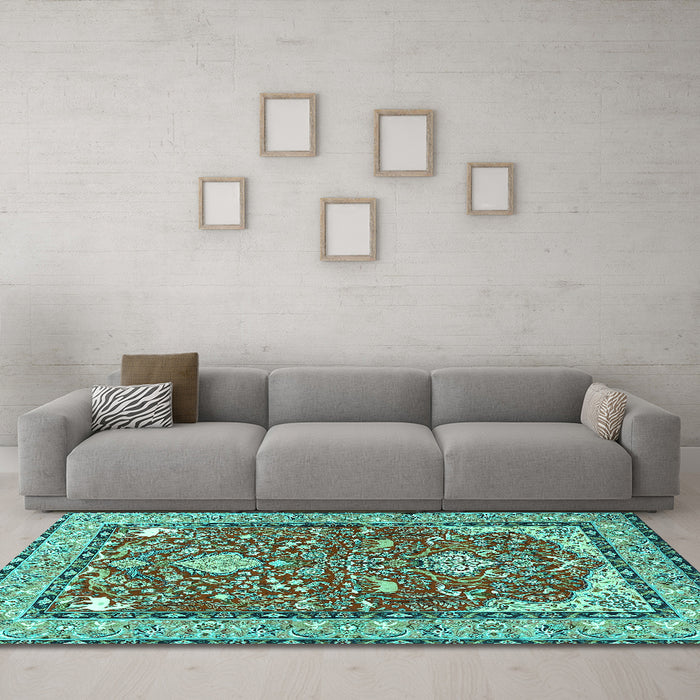 Machine Washable Animal Turquoise Traditional Area Rugs in a Living Room,, wshtr3183turq