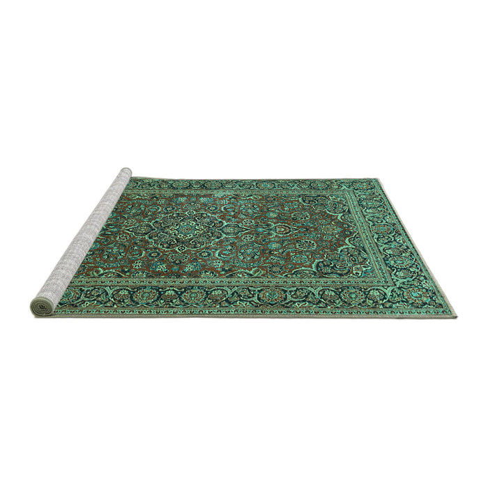 Sideview of Machine Washable Persian Turquoise Traditional Area Rugs, wshtr3185turq