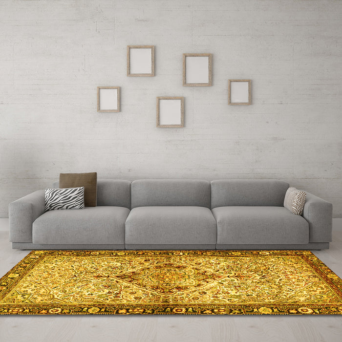 Machine Washable Persian Yellow Traditional Rug in a Living Room, wshtr3186yw
