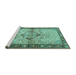 Sideview of Machine Washable Persian Turquoise Traditional Area Rugs, wshtr3186turq
