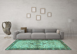 Machine Washable Persian Turquoise Traditional Area Rugs in a Living Room,, wshtr3186turq