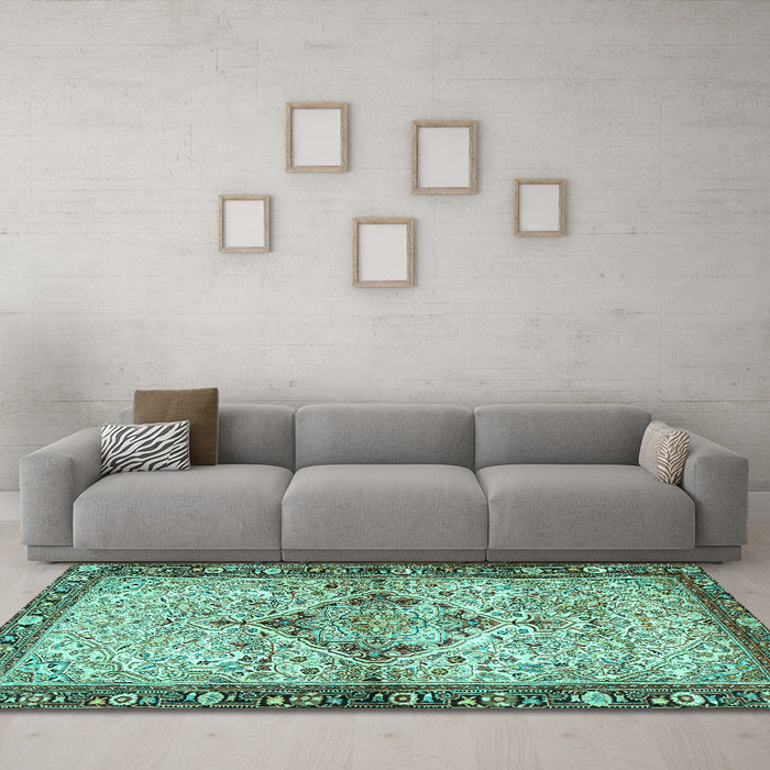 Machine Washable Persian Turquoise Traditional Area Rugs in a Living Room,, wshtr3186turq