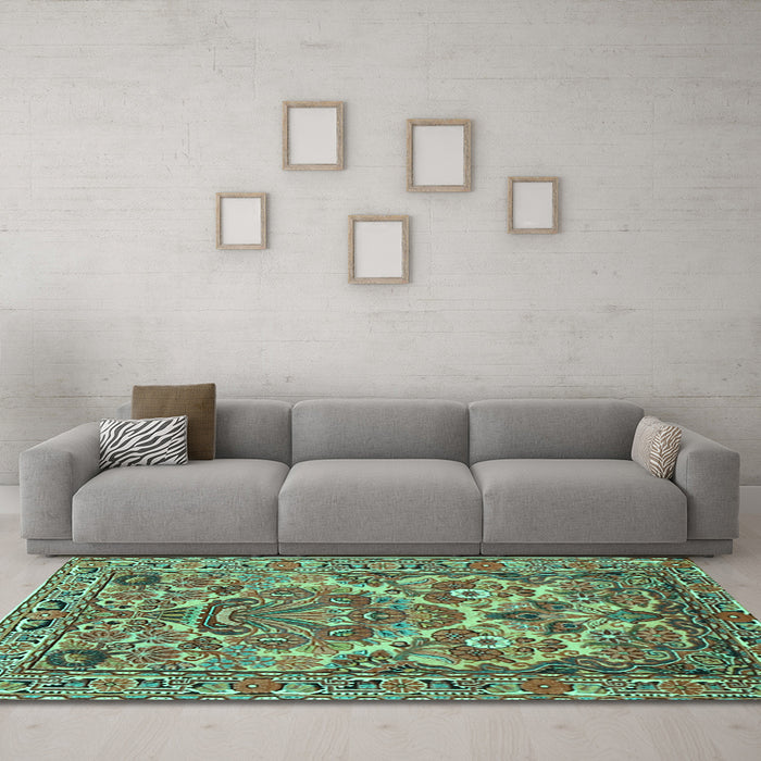 Machine Washable Persian Turquoise Traditional Area Rugs in a Living Room,, wshtr3187turq