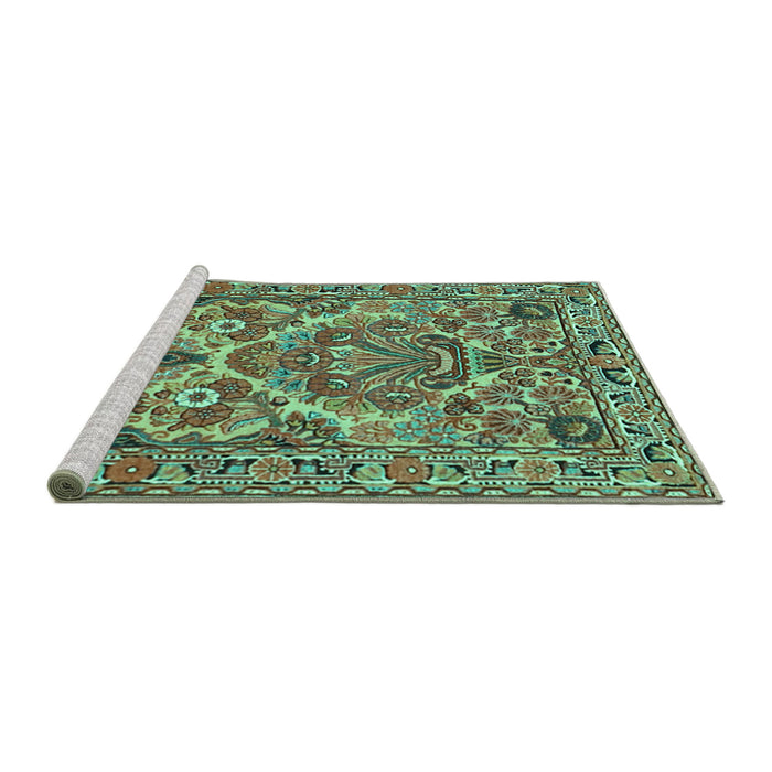 Sideview of Machine Washable Persian Turquoise Traditional Area Rugs, wshtr3187turq