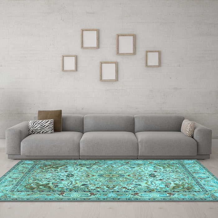 Machine Washable Persian Light Blue Traditional Rug in a Living Room, wshtr3188lblu