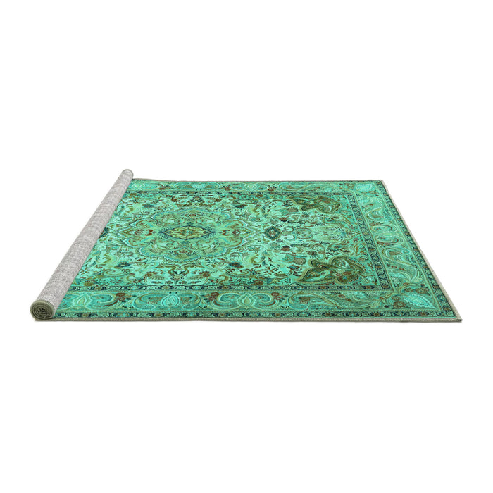 Sideview of Machine Washable Persian Turquoise Traditional Area Rugs, wshtr3188turq