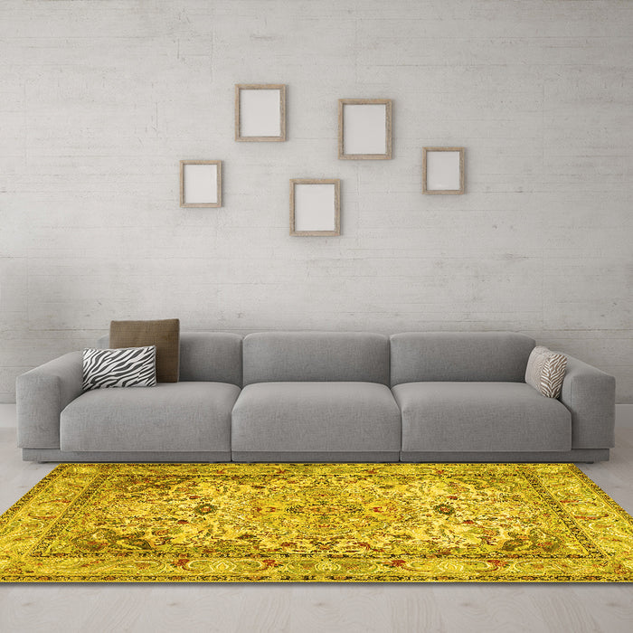 Machine Washable Persian Yellow Traditional Rug in a Living Room, wshtr3188yw