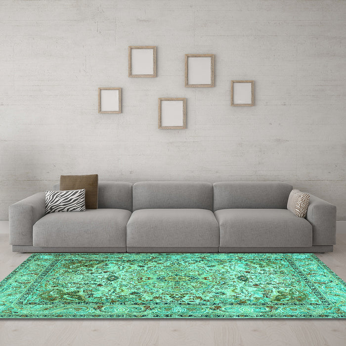 Machine Washable Persian Turquoise Traditional Area Rugs in a Living Room,, wshtr3188turq