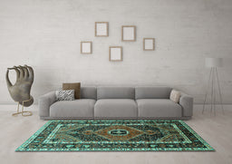 Machine Washable Persian Turquoise Traditional Area Rugs in a Living Room,, wshtr318turq