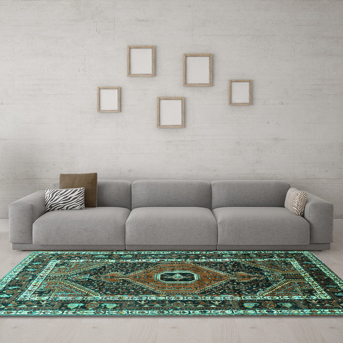 Machine Washable Persian Turquoise Traditional Area Rugs in a Living Room,, wshtr318turq