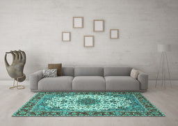Machine Washable Persian Turquoise Traditional Area Rugs in a Living Room,, wshtr3197turq